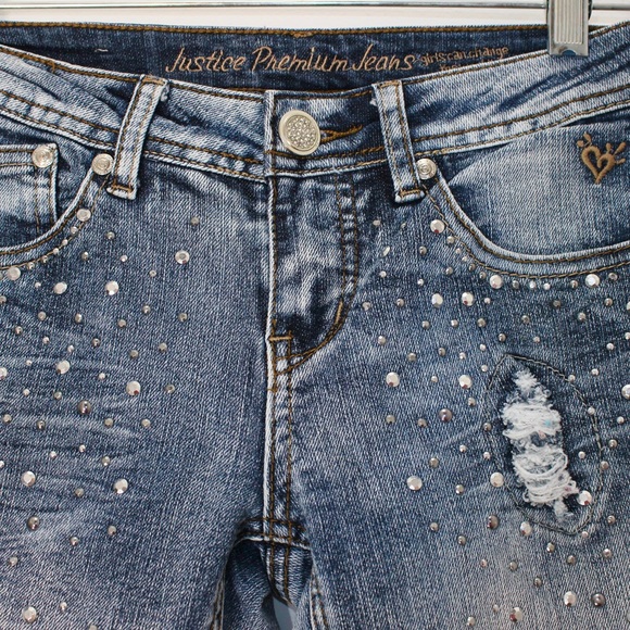 JUSTICE Distressed Bling Rhinestone Faded Blue Jeans 10R - Picture 8 of 10